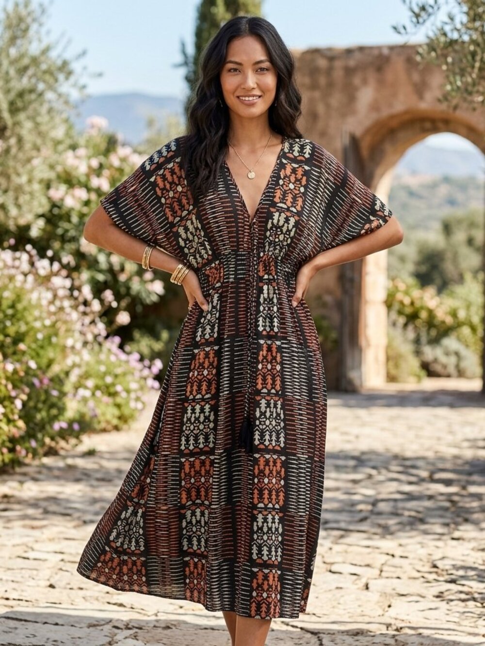 World Market Women's V-Neck Boho Midaxi Dress Ethnic Flowy